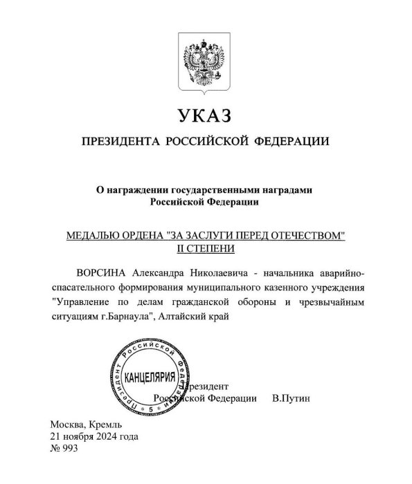 Указом Президента Российской Федерации № 993 от 21 ноября 2024 года Ворсин Александр Николаевич награжден медалью ордена "За заслуги перед Отечеством II степени"